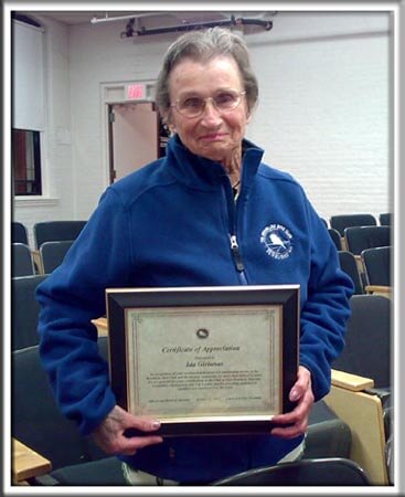 Ida with her certificate of recognition from the Brookline Bird Club, October 12, 2007.
